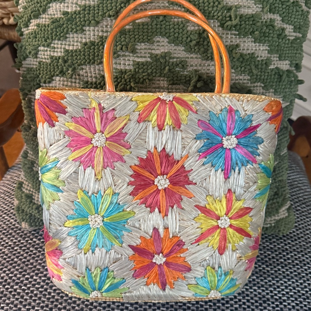 Colorful vintage Floral Straw Tote Bag with Orange Handles